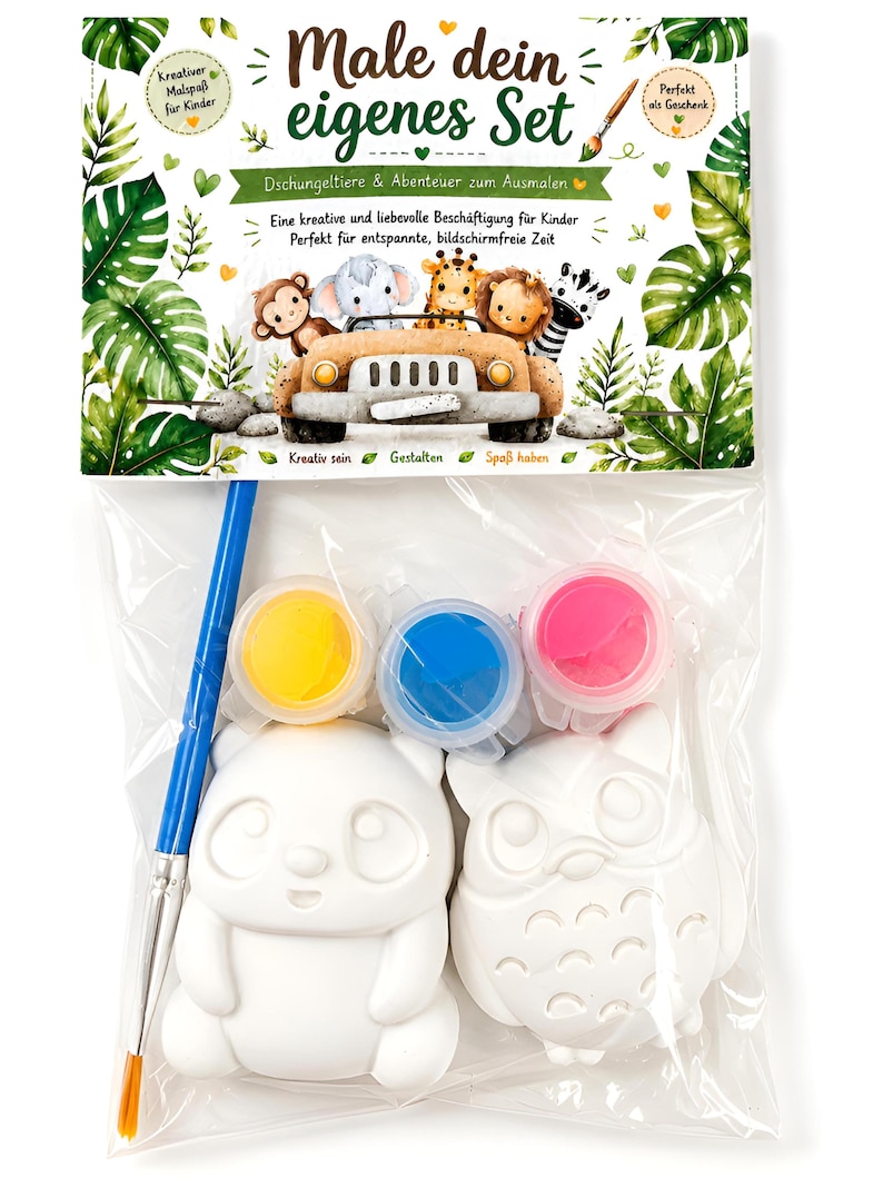 Puede incluir: Un kit de pintura para ni&ntilde;os en una bolsa de pl&aacute;stico transparente con una tarjeta superior que muestra animales de la selva y el texto Male dein eigenes Set. Incluye dos figuras blancas, un pincel azul y tres botes de pintura.