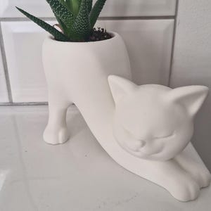 Peut inclure: Un pot de fleur en céramique blanche en forme de chat, contenant une plante succulente verte. Le chat est en position couchée, les yeux fermés. Un objet décoratif unique.
