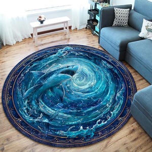 May include: Round area rug featuring a detailed illustration of a shark swimming in swirling blue water. The rug has a dark blue border with a gold decorative pattern. The shark is a light blue color with a detailed design.