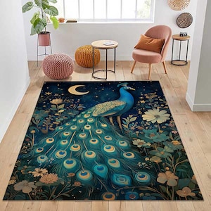 Blue Peacock Rug, Peacock Area Rug, Peacock Design Rug, Animal Themed Rug, Colorful Peacock Rug, Peacock Carpet, Peacock Moon Rug