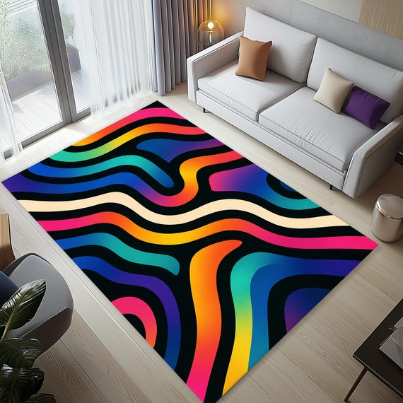 Groovy 70s Style Rug: Neon Psychedelic Abstract Wavy Design