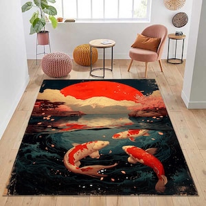 Japanese Art Rug, Koi Fish Decor, Koi Fish Area Rug, Koi Fish Design Rug, Japan Themed Rug, Japanese Rug, Koi Fish Patterned Rug, Fish Rug