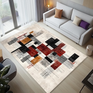 Geometric Layout with Chaotic Brush Marks Rug, Abstract Rug, Geometric Rug, Minimalist Rug, Mid Century Area Rug, Mid Century Rug,Modern Rug
