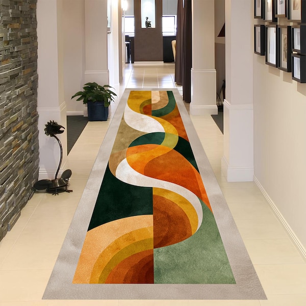 Mid Century Modern Runner Rug, Colorful Abstract Design
