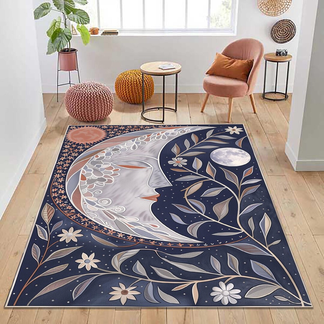 Half Moon Face Rug, Fantastic Style Rug, Floral Crescent Rug, Sun and ...