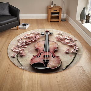 Violin Round Rug, Floral Round Rug, Musical Art Rug, Musical Decor, Rug for Music Fans, Rug for Her, Circular Area Rug, Musical Rug,