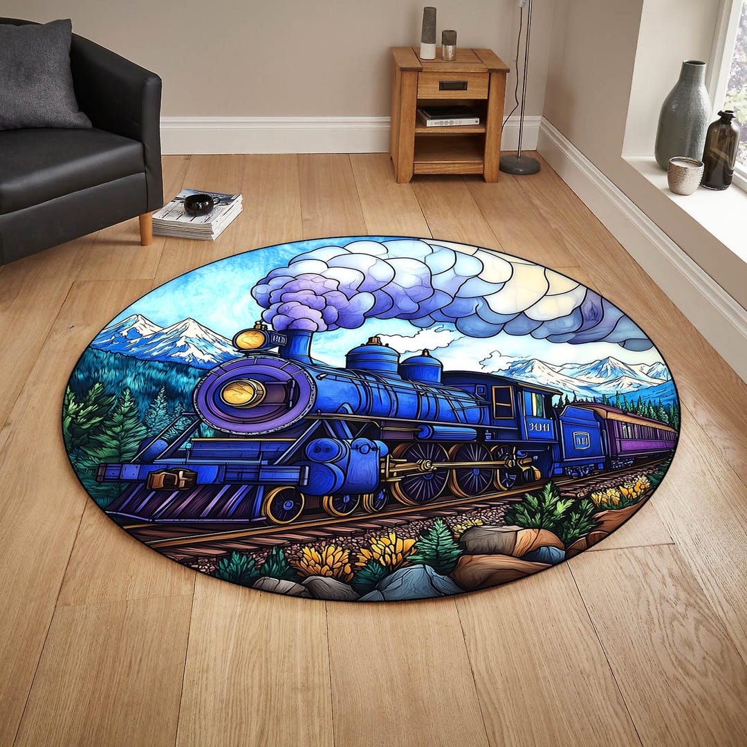 Tain Rug Design Steam Train Round Rug: 3D Train Design, Non-slip Cotton Base - Etsy