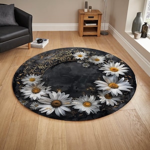 Circular Daisies Rug, Round Daisies Rug, Round Flower Rug, Round Flowers Rug, Daisy Themed Rug, Floral Circle Rug, Black Flower Rug