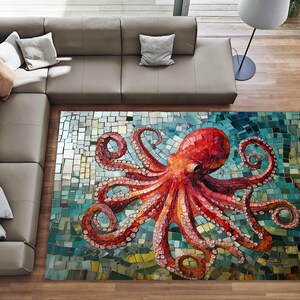 Tapis pieuvre, tapis de style mosaïque, décoration de pieuvre, tapis sur le thème des animaux, tapis pieuvre, tapis à motifs pieuvre, carpette pieuvre, tapis design pieuvre