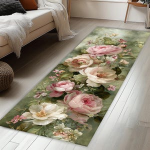 Peut inclure: Un tapis rectangulaire orné d'un motif floral peint représentant de grandes roses épanouies dans des tons de rose tendre, crème et blanc, sur un fond vert mousse atténué avec un feuillage détaillé et de petites fleurs en accent.