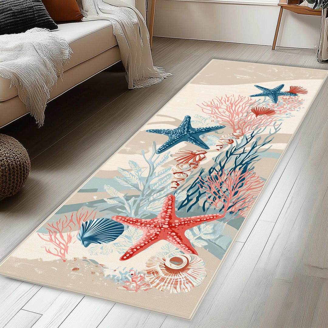 Runner Seashell Ocean Coastal Starfish Runner Rug, Beach Seashells Runner - Etsy