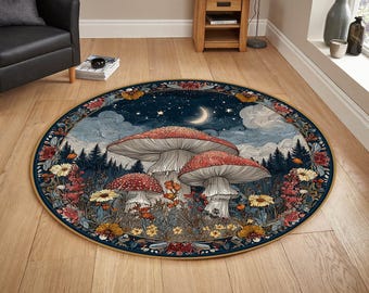 Mushroom Pattern Round Rug, Non-Slip Cotton Base, 24 inch