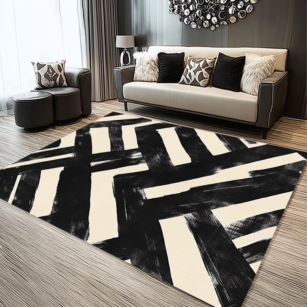 Modern Rug, Mid Century Style Rug, Living Room Rug, Black and White Rug ...