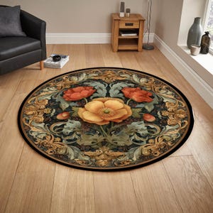 Goldener Mohnblumenteppich: Runder Teppich mit floralem Akzent, rutschfeste Baumwollbasis