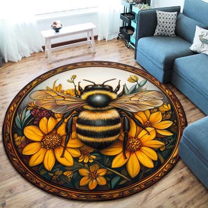 Daisy and Bee Rug, Round Rug, Natural Rug, Round Carpet, Nature Inspired Rug, Living Room Rug, Rug for Kids Room, Shaped Rug, Colorful Rug