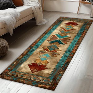 Könnte beinhalten: Ein rechteckiger Läufer mit einem geometrischen Design im Südwesten. Der Teppich hat ein zentrales Muster aus türkisfarbenen, orangefarbenen und braunen Formen auf beigem Hintergrund. Ein türkisfarbener Rand mit einem sich wiederholenden Muster umrahmt das Design. Der Teppich liegt auf einem hellen Holzboden.