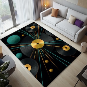 Modern Music Art Rug, Record Area Rug, Vinyl Record Rug, Neon Look Music Rug, Creative Musical Decor, Musical Gift, Music Rug,Music Room Rug