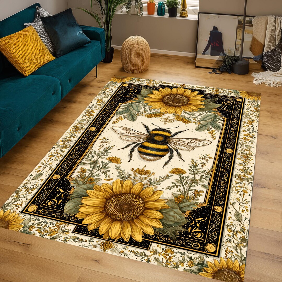 Floral Bee Area Rug, Sunflower Botanical Animal Decor, Washable ...