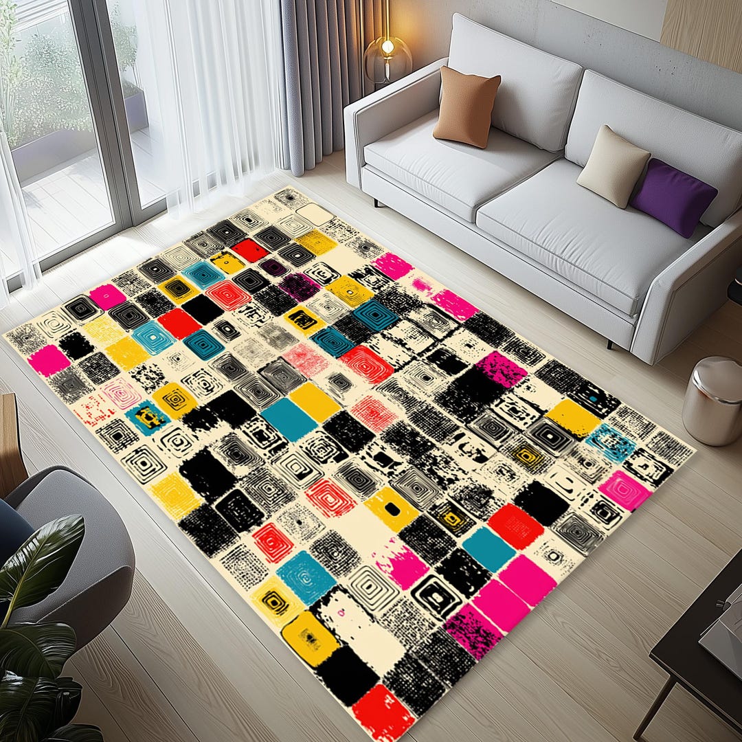 Colorful Grid Rug With Retro-inspired Ink Print Blocks, Bold Geometric ...