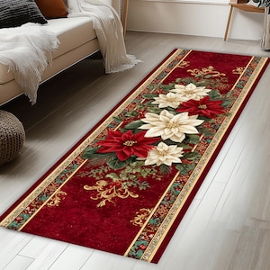 Poinsettia Flower Christmas Runner Rug, Holiday Decor
