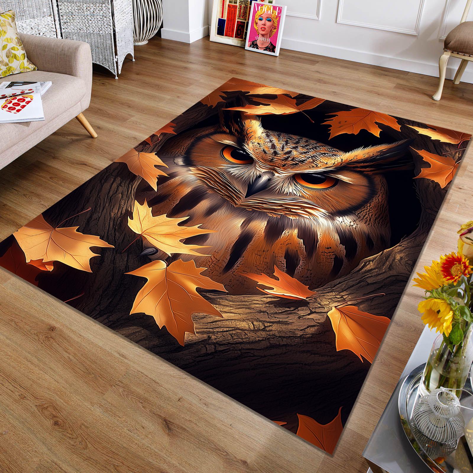 Owl Area Rug: Animal Themed Rug with Autumn Leaves