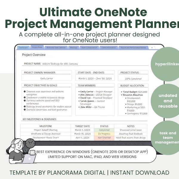 OneNote Project Management Planner for Work Template | OneNote Professional Planner Hyperlinked To Do List Microsoft OneNote Windows Desktop