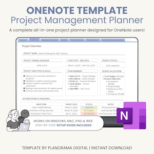 Könnte beinhalten: Eine OneNote-Projektmanagement-Planervorlage mit einem Projektübersicht-Dashboard, das Abschnitte für Projektname, Verantwortliche, Daten, Status, Ziele, Teammitglieder, Budgetzuweisung und Meilensteine sowie ein OneNote-Logo enthält.