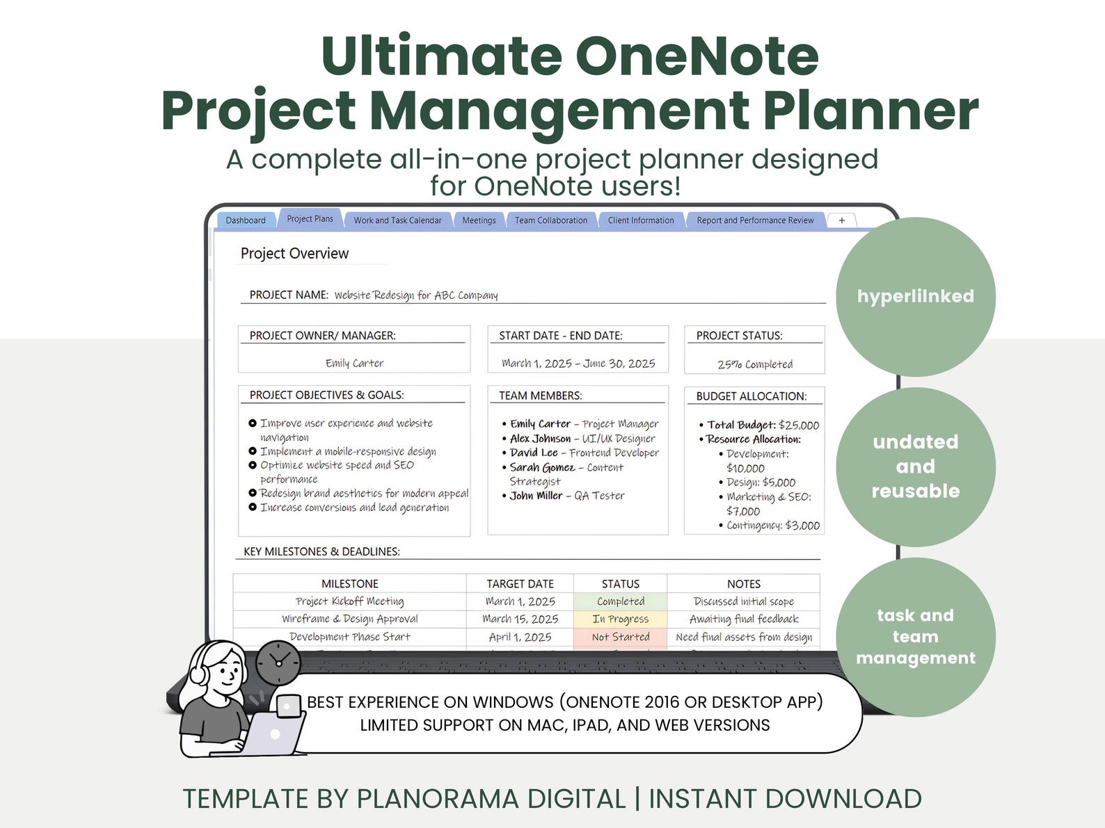Onenote Project Management Planner for Work Template | Onenote ...