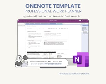 May include: A digital OneNote template for a professional work planner featuring a project planner layout with sections for objectives, brainstorming, notes, and action steps. The interface includes the OneNote logo and text indicating compatibility with Windows, Mac, iPad, and web.
