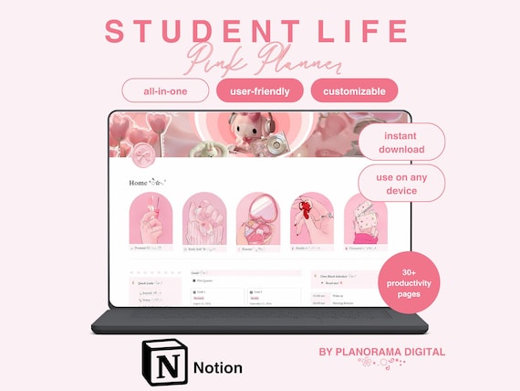 All in One Pink Coquette Notion Student Life Planner Notion Template Student Planner Notion Life Planner Pink Notion Cute Aesthetic Planner