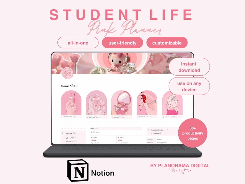Notion life planner for students homepage pink coquette-themed dashboard