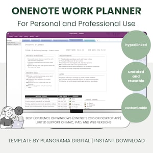 Könnte beinhalten: Eine digitale OneNote-Arbeitsplaner-Vorlage für den persönlichen und beruflichen Gebrauch. Das Bild zeigt eine Projektplaner-Oberfläche mit Abschnitten für Ziele, Vorgaben und Aktionsschritte. Enthält Hyperlinks, ein undatiertes und wiederverwendbares Design sowie Anpassungsoptionen.