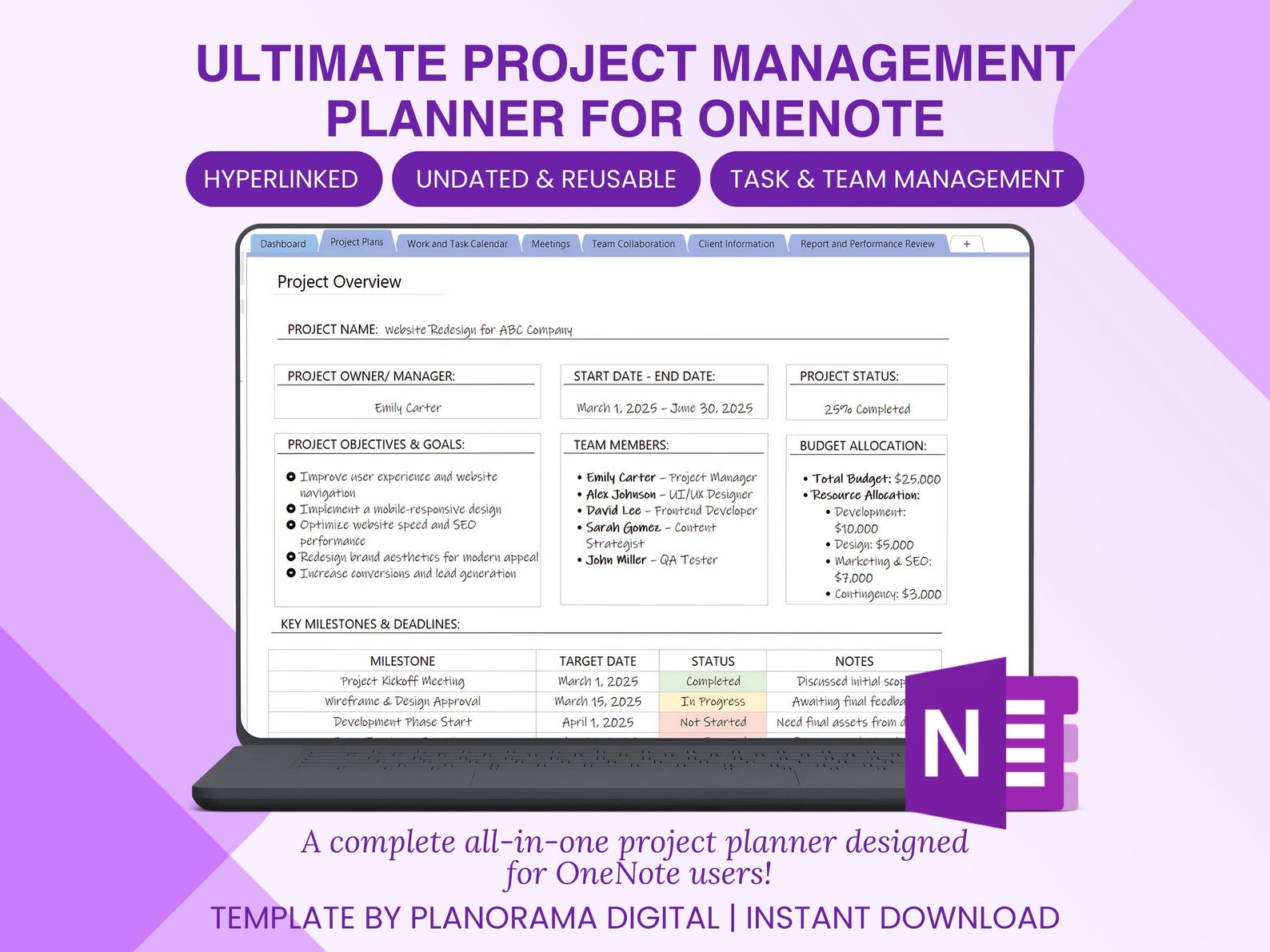 Onenote Project Management Planner for Work Template for Onenote ...