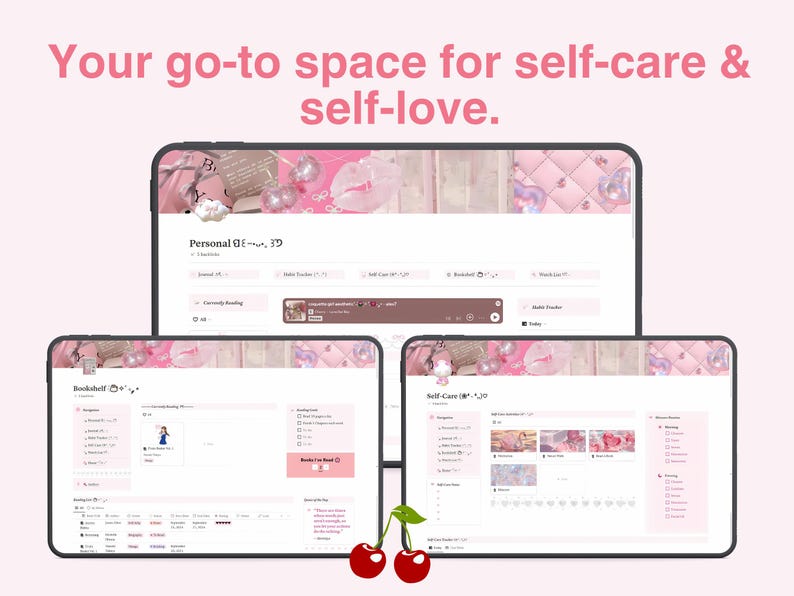 Notion Self-care page| Notion Digital Journal Habit Tracker Self-care Reading List Watch List