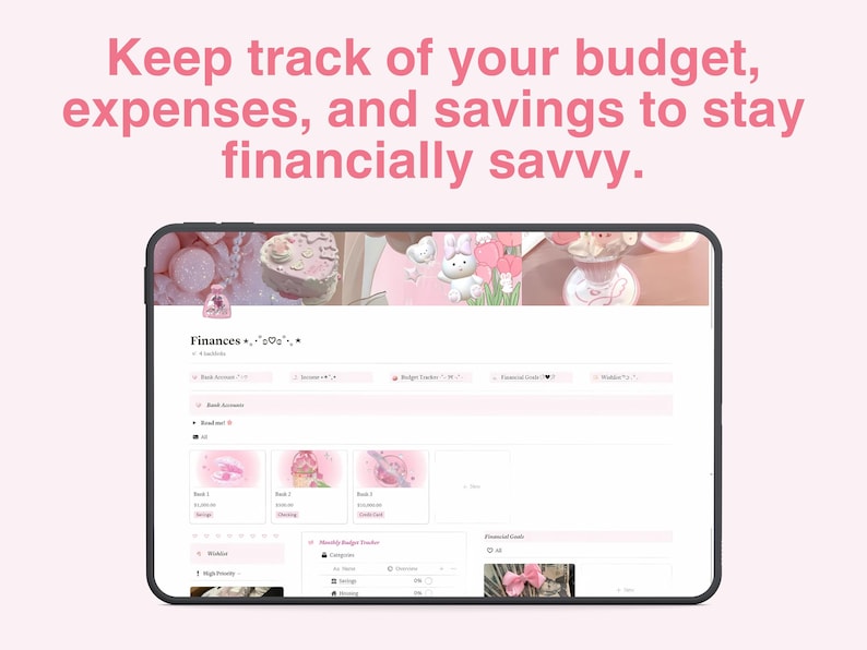 Notion Finances, Bank Accounts, Income, Notion Budget Tracker, Financial Goals, Wishlist