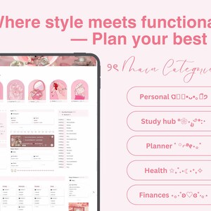 Pink Coquette Notion Student Life Planner with categories: personal, study hub, planner, health, and finances