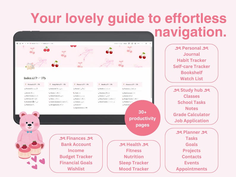 Notion Index Page for all pages included in the planner for easy navigation