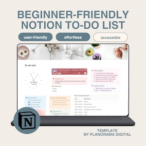 Puede incluir: Una pantalla de computadora portátil que muestra una plantilla de lista de tareas de Notion con un esquema de color rosa y blanco. La plantilla incluye secciones para afirmaciones diarias, informes semanales y un cronograma de bloqueo de tiempo. El texto "BEGINNER-FRIENDLY NOTION TO-DO LIST" se muestra en la parte superior de la pantalla. Las palabras "user-friendly", "effortless" y "accessible" se muestran en cuadros debajo del título. El logotipo de Notion se muestra en la esquina inferior izquierda de la pantalla.
