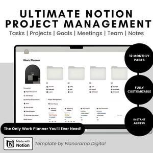 May include: A computer screen displaying a Notion template for project management. The template is called "Ultimate Notion Project Management" and includes 12 monthly pages. The template is fully customizable and includes sections for tasks, projects, goals, meetings, team, and notes. The template is made with Notion and is available for instant access.