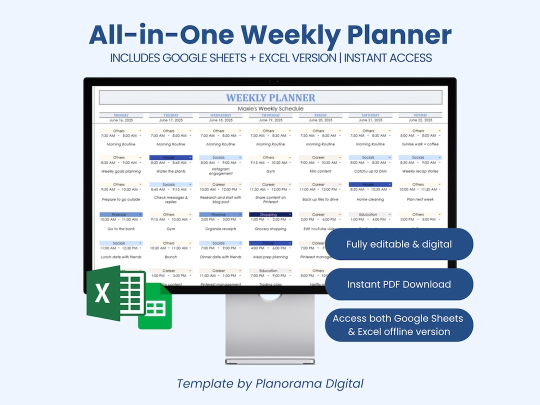 All in One Digital Weekly Planner Google Sheets Editable Template Excel ...