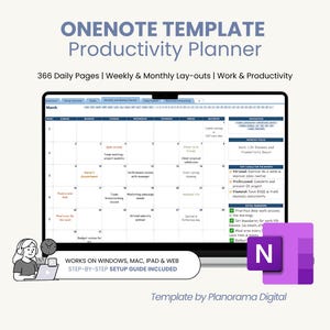 Op de afbeelding: Een digitale OneNote-sjabloon voor een productiviteitsplanner op een scherm, met een maandoverzicht voor maart met dagelijkse notities, een zijbalk voor doelen en het paarse OneNote-logo. Tekst bevat "ONENOTE TEMPLATE Productivity Planner".