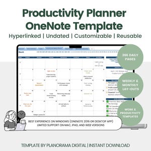 May include: A digital productivity planner template displayed on a laptop screen. The planner features a calendar layout with daily, weekly, and monthly views. Text includes "Productivity Planner OneNote Template" and "366 Daily Pages."