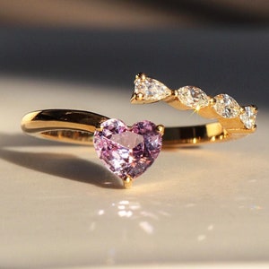 Solid 14k gold ring with natural gemstones Pink sapphire white diamonds Open cuff bypass band Wedding love heart jewelry Valentine Day gift