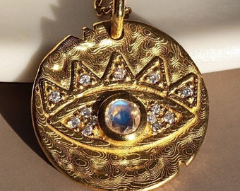 Evil Eye protective pendant Natural moonstone diamonds Yellow solid gold 14k necklace Lucky charm amulet Nazar Hamsa jewelry Men women gift