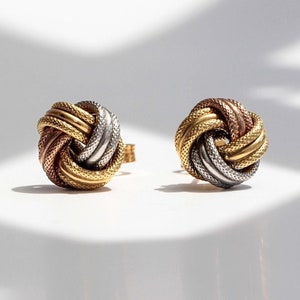 Multicolor 14k knot earrings Solid gold three tone post studs Twisted infinity ear decor Minimalist tricolor jewelry Men and women love gift