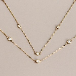 Natural diamonds and real solid gold necklace Minimalist satellite station necklace 14k birthstone jewelry Layering bezel gemstone necklace
