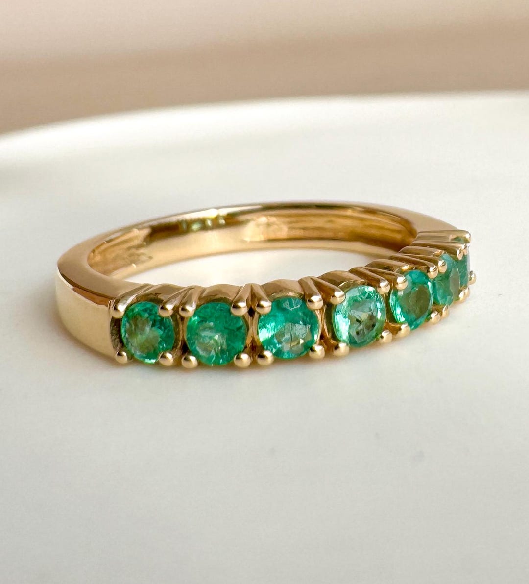 14K Solid Gold Emerald Half Eternity Ring, Natural Emerald Band Ring ...
