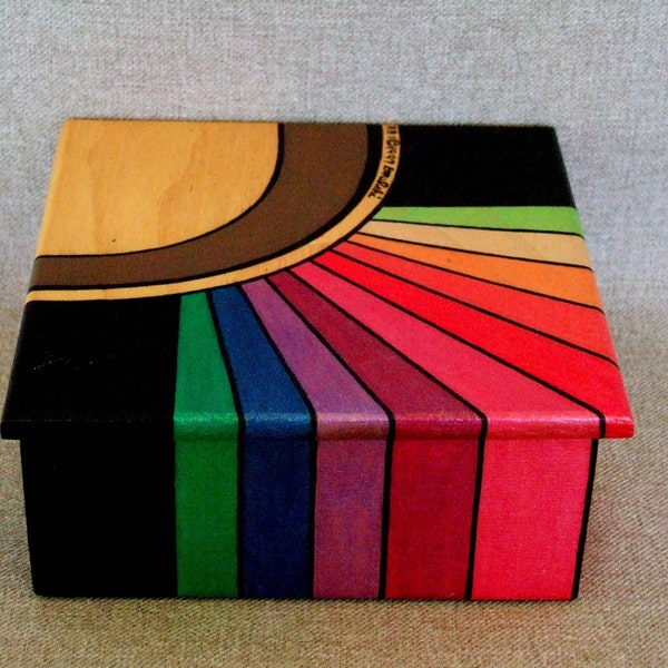 Painted Box for Keepsakes & Jewelry, Abstract Rainbow Design, Metallic Colors, Signed Numbered Artwork
