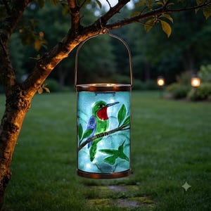 May include: A cylindrical hanging lantern with a teal glass body featuring a painted green hummingbird with a red throat perched on a branch. The lantern has a metallic copper-toned rim and a matching wire handle for suspension from a tree branch.