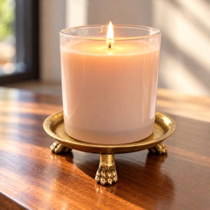 May include: A lit candle in a clear glass container sits atop a circular, metallic gold-toned pedestal base. The base features three distinct feet shaped like animal paws, providing a raised platform for the candle vessel.